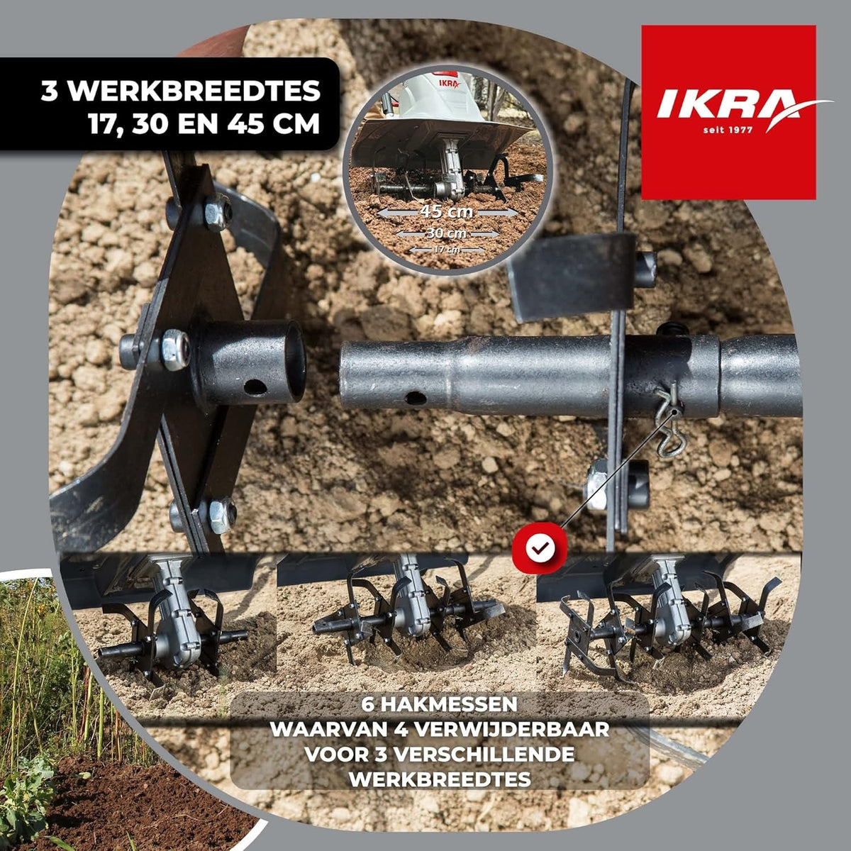 IKRA Elektrische Grondfrees Cultivator FEM 1500, flexibele werkbreedte 17-45 cm, incl. schoffelploeg (monteerbaar)