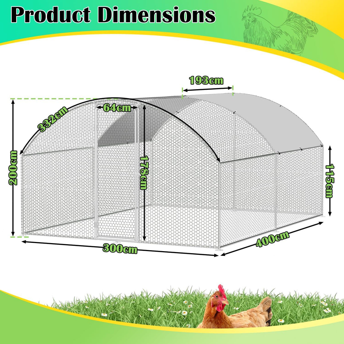Ikodm Chicken Coop Outdoor Play 3 x 4 x 2 m XXL Chicken Coop with Door and Latch Waterproof Oxford Fabric Chicken Coop for Small Animals and Small Animals with Net