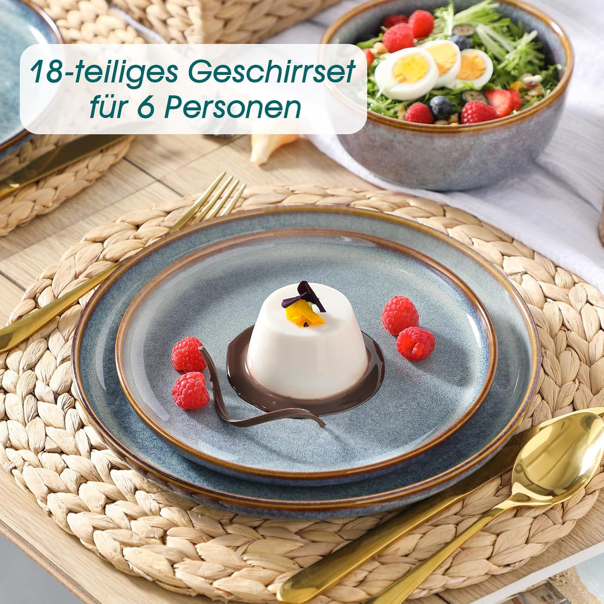 vancasso PLAYA Servies voor 6 personen, 18-delig, reactief glazuur, tafelservies voor 6 personen, modern, aardewerk serviesset, bevat kom, dessertborden en platte borden, vaatwasmachinebestendig