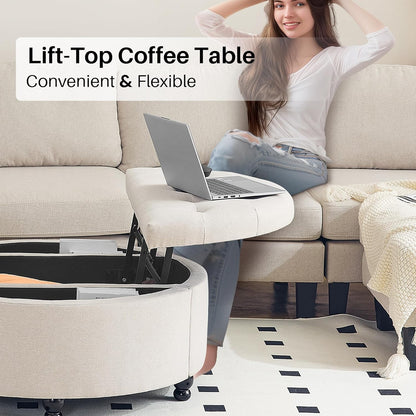 Koffietafel - Table - Coffe table - Living Room Table - Ronde Opbergpoef van 35 inch - Moderne gecapitonneerde salontafel met klep - Gestoffeerde Voetenbank - voor Woonkamer en Slaapkamer - Beige