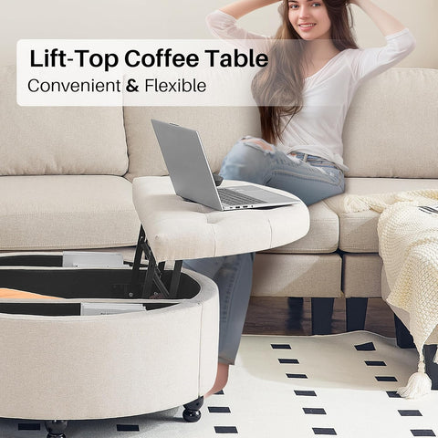 Koffietafel - Table - Coffe table - Living Room Table - Ronde Opbergpoef van 35 inch - Moderne gecapitonneerde salontafel met klep - Gestoffeerde Voetenbank - voor Woonkamer en Slaapkamer - Beige