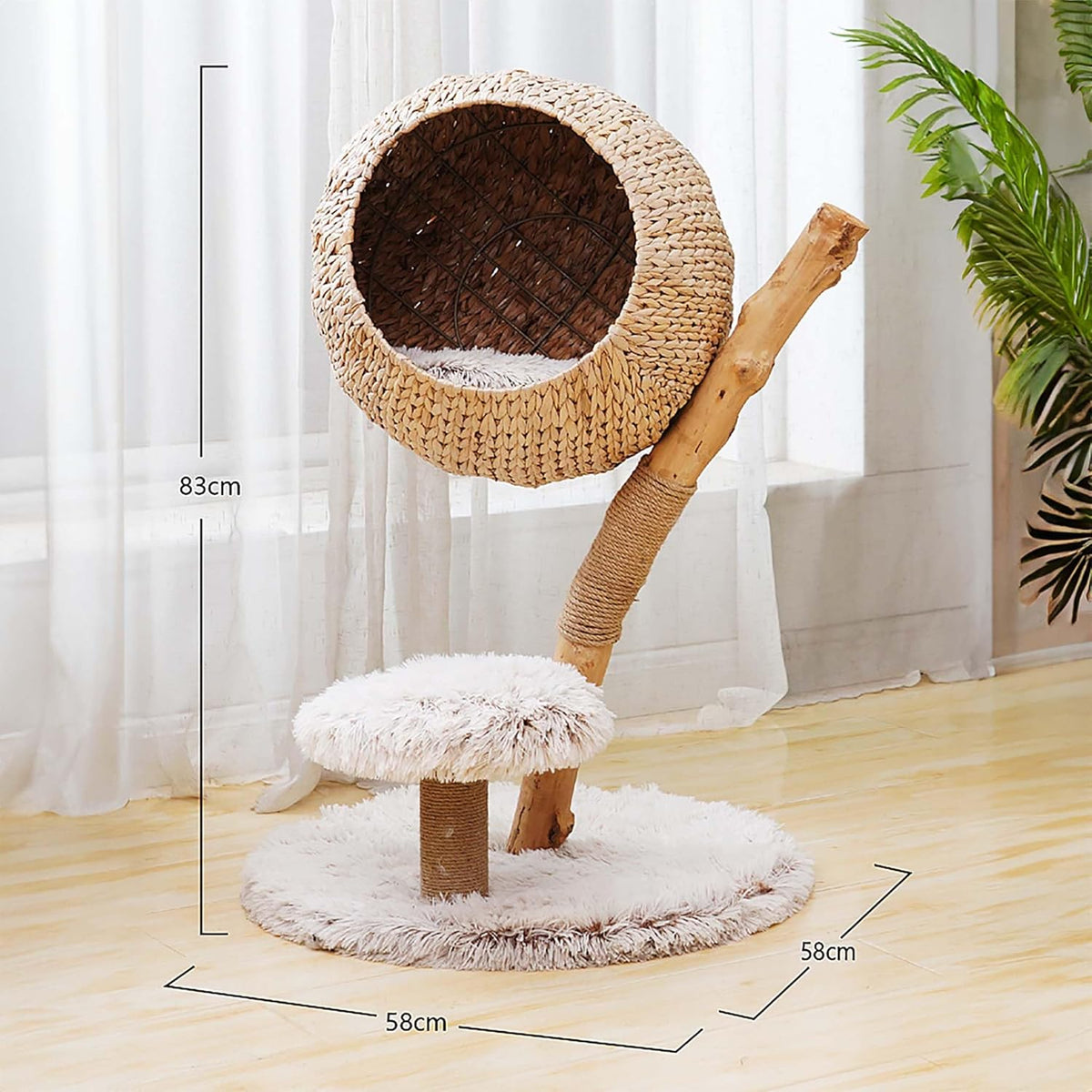 Kattenkrabpaal – Krabpaal – Kattenboom – Krabmeubel – Kattenmeubel – Eivormige Lounger – Perenhout – Zacht Pluche – 83 cm Hoog – Stabiele Rond Basis