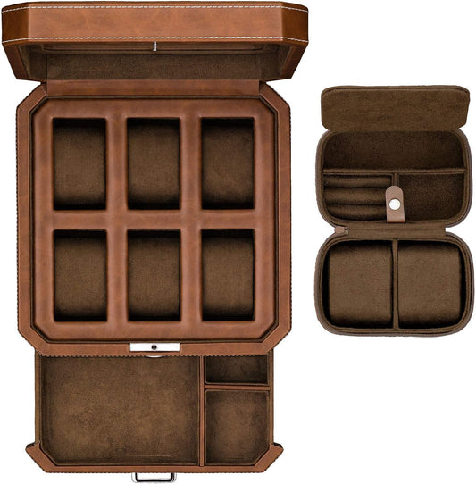 Horlogedoos – Horlogebox – Horloge Opbergdoos – Watch Box – Sieradendoos – 6 Vakken – Massief Hout Met Leerafwerking – Glazen Deksel Met Valet Lade