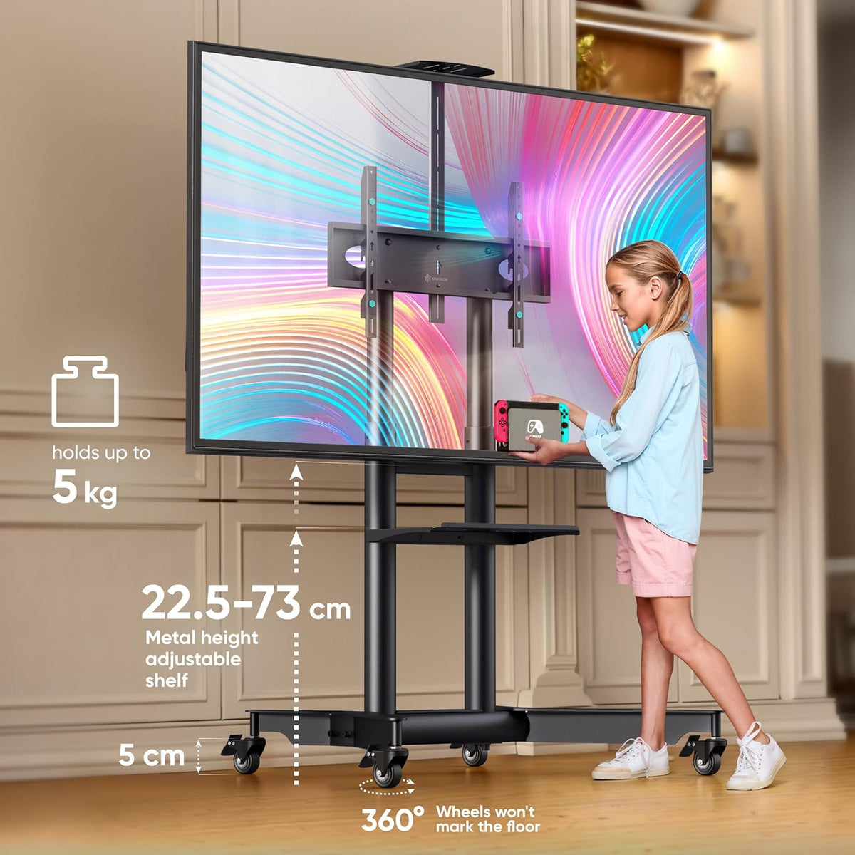 ONKRON Verrijdbare TV-standaard voor 32-75 inch, Flat & Curved TV's tot 60 kg, professionele in hoogte verstelbare TV-voet max VESA 600x400 mobiele TV-wagen met wielen Zwart TS1571-B