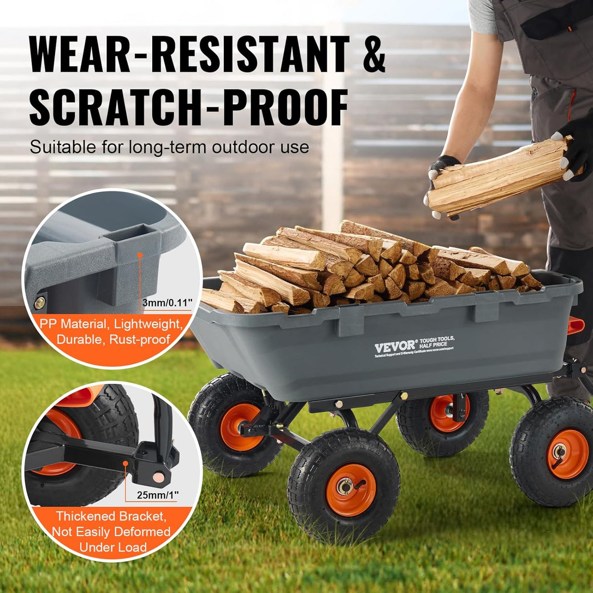 VEVOR 800 lbs Poly Dump Tuin Cart, Heavy Duty Yard Dump Cart Wagon, 4 wiel kruiwagen met 10" banden, 180 ° draaibare handgreep, stalen frame en Quick Release System