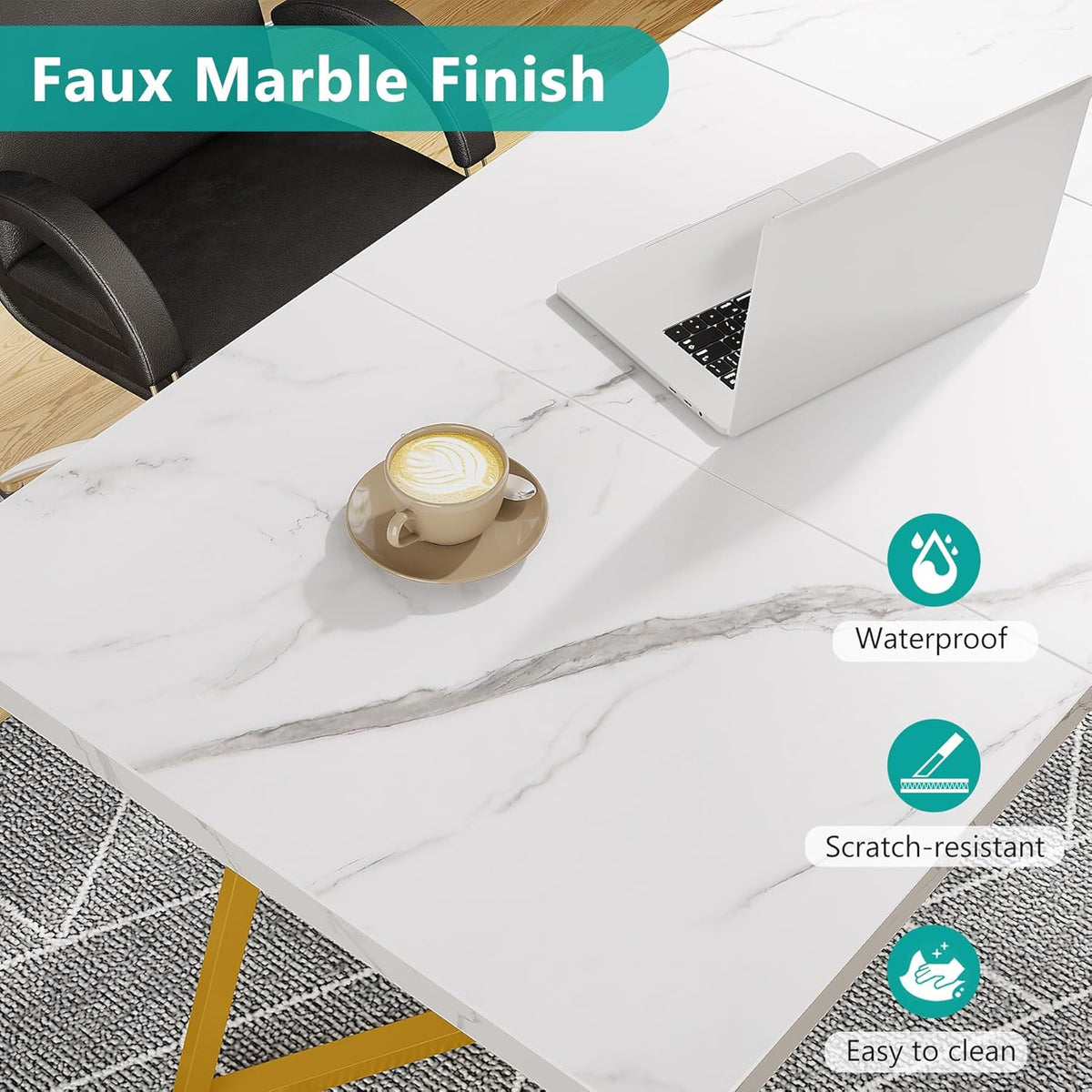 Tribesigns Desk, Computer Table, 140 x 80 cm, PC Table, Work Table, Dining Table, Office Furniture, Computer Table, Conference Table for Home Office, Home, Desk, White and Gold