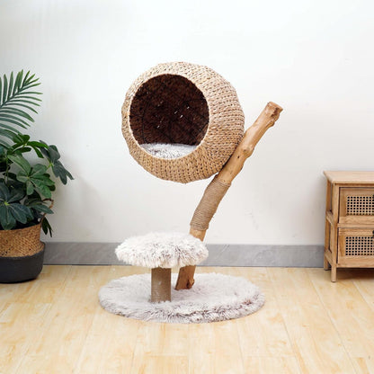 Kattenkrabpaal – Krabpaal – Kattenboom – Krabmeubel – Kattenmeubel – Eivormige Lounger – Perenhout – Zacht Pluche – 83 cm Hoog – Stabiele Rond Basis