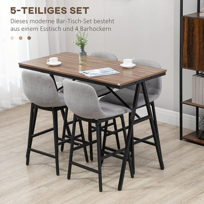 Bartafel – Barset – Keukentafel – Eettafel – Barkrukken – Industrieel Design – Gecoat Stalen Frame – Linnen Look Bekleding – 5-Delige Set – Grijs - QUORE