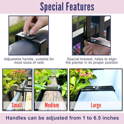 LaLaGreen Outdoor Rail Planter for Balcony (2 Pieces, 50 cm) Large Black Self-Watering Railing Planters with Brackets, Rectangular Plastic Window Flower Box Fence Designer Choice with Rattan Pattern - QUORE