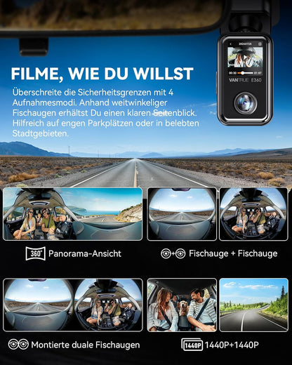 VANTRUE E360 tweekanaals 5.2K panoramische rijrecorder auto achter WiFi, dubbel STARVIS 2 HDR nachtzicht, GPS, bufferparkeermodus, maximaal 512 GB