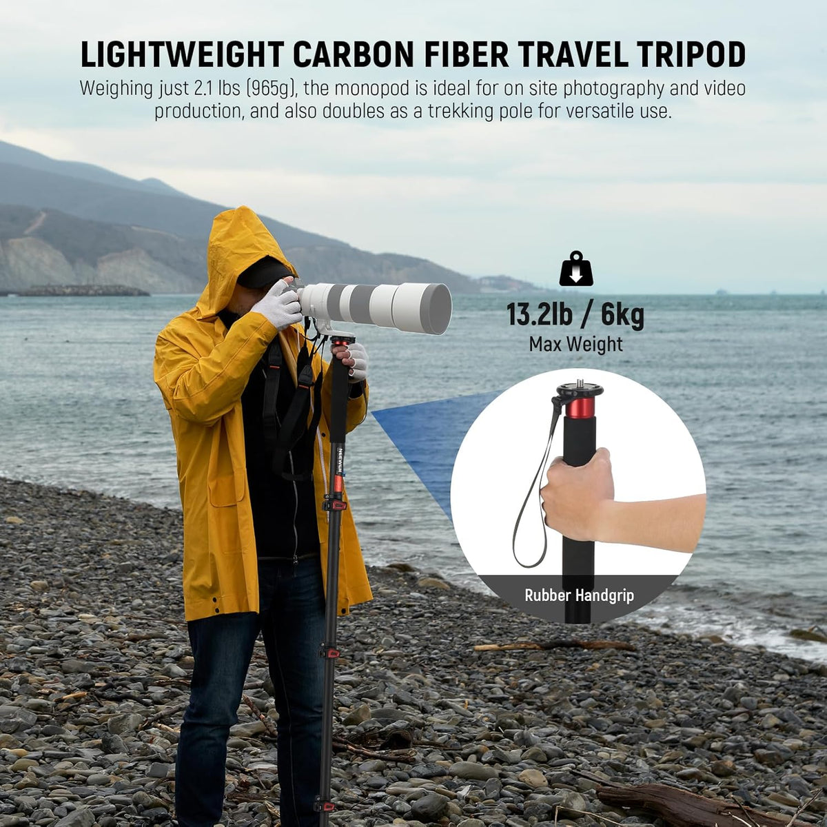 Camera Monopod – Eenpootstatief – Monopod Statief – Camerastandaard – Reisstatief – Uitschuifbaar 72-182 Cm – Afneembare Basis Met 90° Kanteling – Koolstofvezel, Tot 6 Kg Draagvermogen