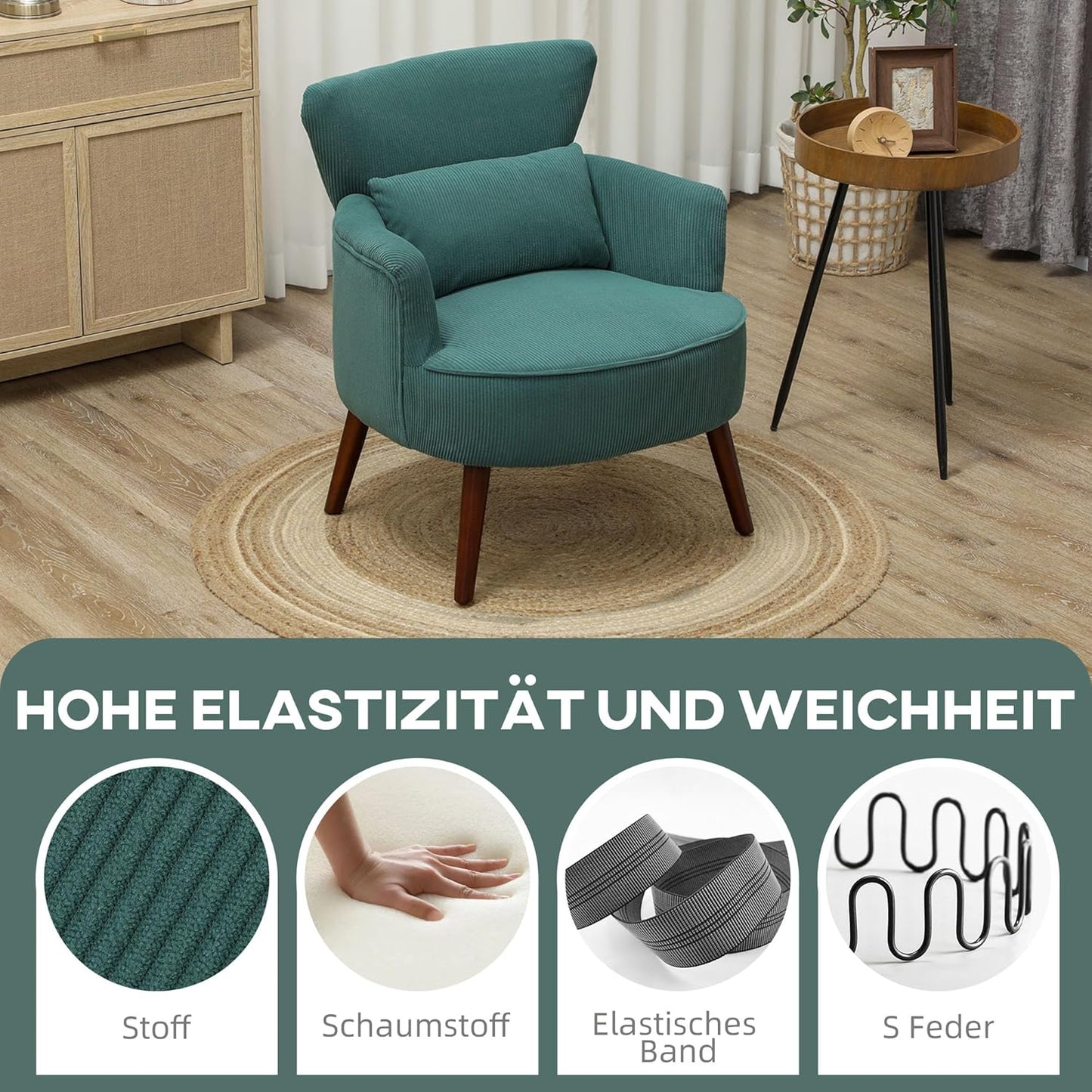 HOMCOM Armrest Lounge Chair Armrests, Upholstered Chair with Cushion, Corduro Armrest Chair Wooden Legs Reading Chair for Living Room, Bedroom, Dark Green - QUORE