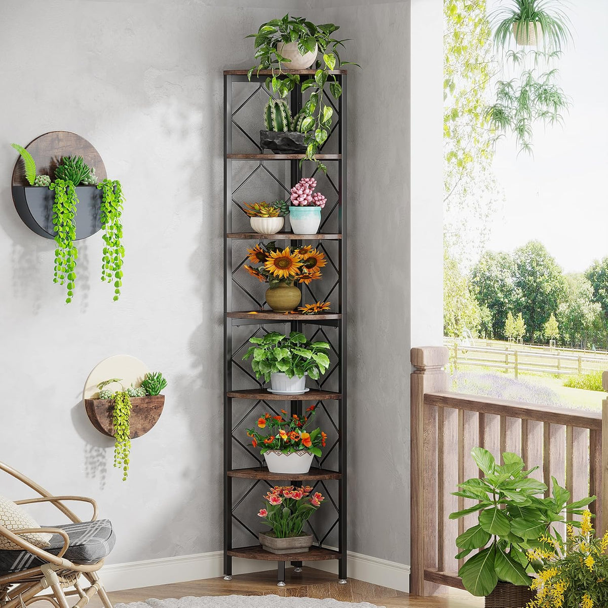 Tribesigns 7 Tier Corner Shelf, 200 cm, Extra High Angle, Industrial Narrow Bookcase for Small Narrow Spaces, Corner Shelf, Wooden Stand, Storage Rack for Living Room, Kitchen, Home Office