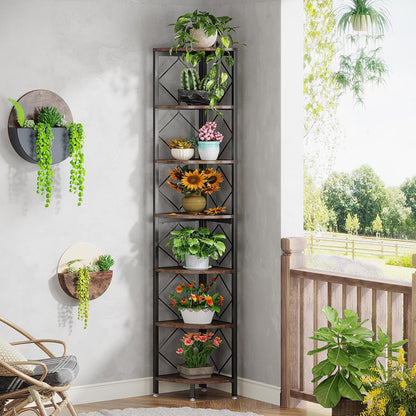 Tribesigns 7 Tier Corner Shelf, 200 cm, Extra High Angle, Industrial Narrow Bookcase for Small Narrow Spaces, Corner Shelf, Wooden Stand, Storage Rack for Living Room, Kitchen, Home Office