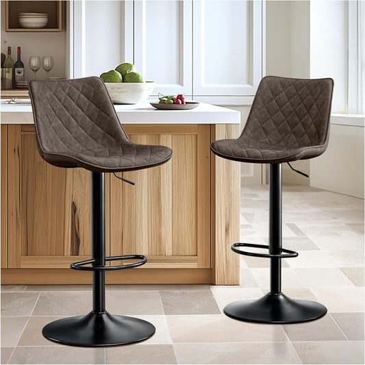 Bar Stool Set of 2 Bar Chairs Height Adjustable with Microfiber Leather Bar Stool with Backrest Bar Stool Rotating Bistro Stool Designer Bar Chairs for Kitchen Counter Bar Brown - QUORE