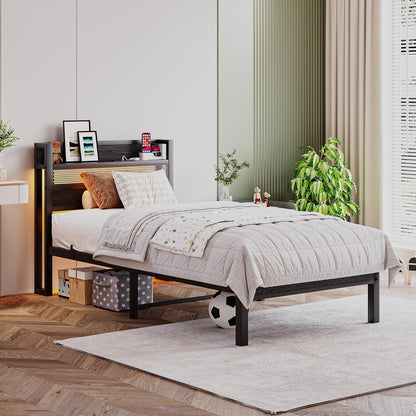 90 x 200 cm Metalen bedframe met hoofdeinde en laadstation/ledverlichting, metalen bedframe, sterk stalen lattenrooster, rustiek bruin