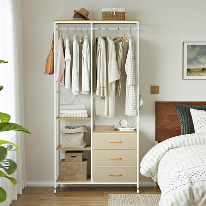 Kledingrek – Garderoberek – Open Kast – Kledinghouder – Kledingwagen Beige – Stalen Frame – 3 Lades Met Wieltjes En Haken