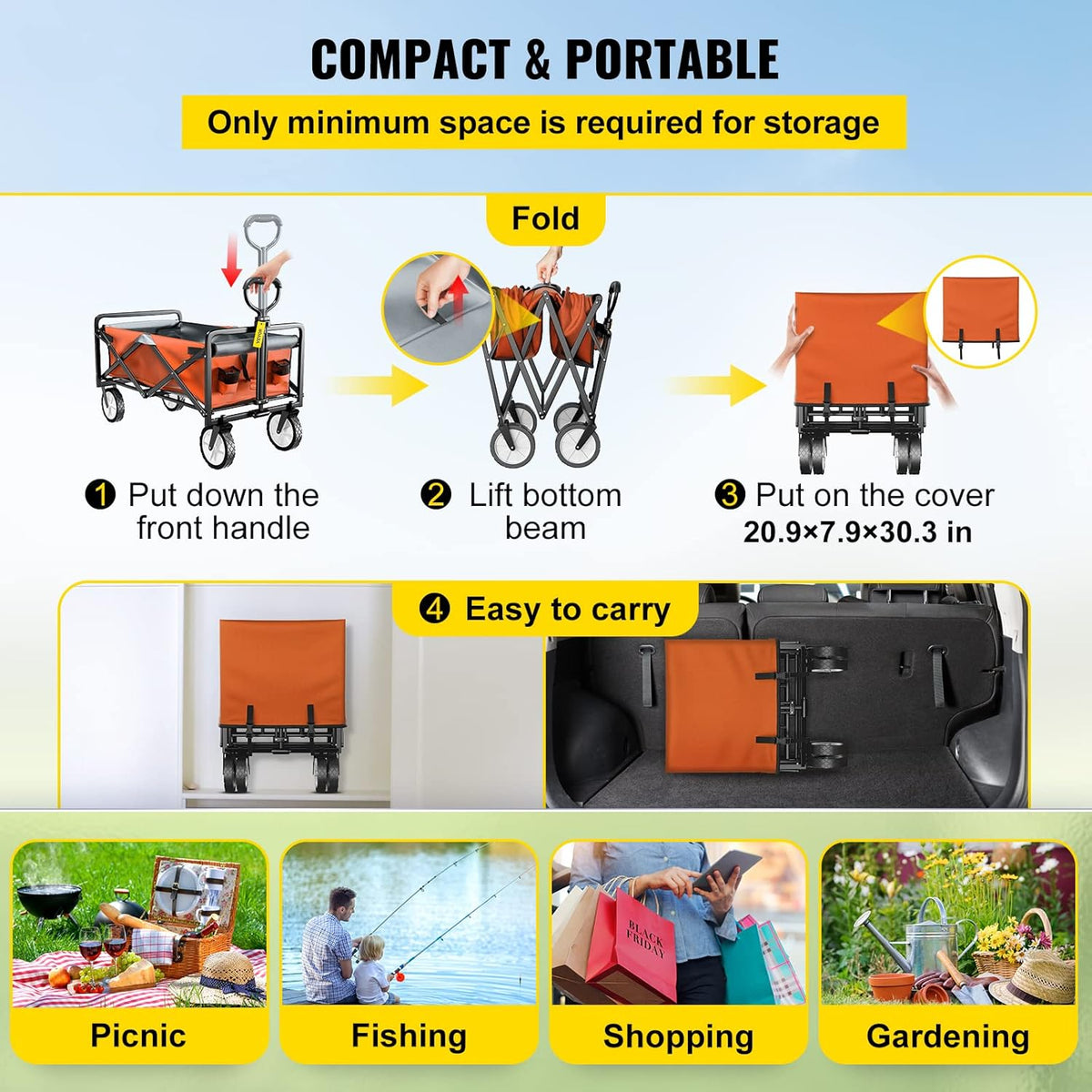 Deeper Festival Trolley - Verstelbare stuurstang - Afneembare luifel - Oxford-doek - Outdoor Camping Strandkar - Oranje en grijs - QUORE