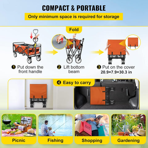Deeper Festival Trolley - Verstelbare stuurstang - Afneembare luifel - Oxford-doek - Outdoor Camping Strandkar - Oranje en grijs - QUORE