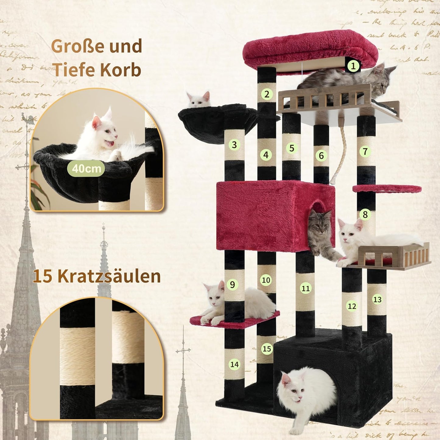 Large Cat Scratching Post for Large Adult Cats, 174 cm Cat Scratching Post with Hammock, 2 Large Sitting Bars, 2 Cat Cavities, 15 Scratching Bars, Black and Red GCT033BR - QUORE