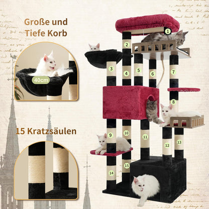 Large Cat Scratching Post for Large Adult Cats, 174 cm Cat Scratching Post with Hammock, 2 Large Sitting Bars, 2 Cat Cavities, 15 Scratching Bars, Black and Red GCT033BR - QUORE