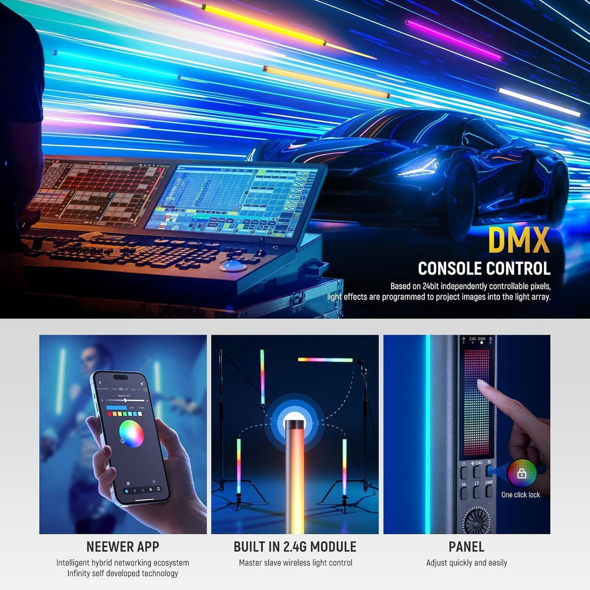 NEEWER TL60 RGB videoverlichting, RGBWW draagbare led-videolamp voor fotografie, lichtstaaf met 2,4 G app-besturing/DMX, 7 pixeleffecten, 18 scènes, 2500 K-10000 K TLCI98+, batterij 3000 mAh