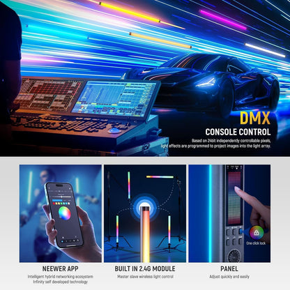 NEEWER TL60 RGB videoverlichting, RGBWW draagbare led-videolamp voor fotografie, lichtstaaf met 2,4 G app-besturing/DMX, 7 pixeleffecten, 18 scènes, 2500 K-10000 K TLCI98+, batterij 3000 mAh