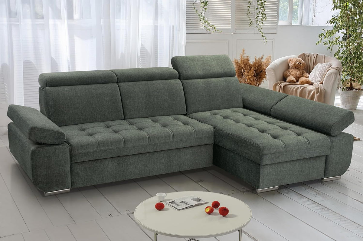 Corner Sofa with Sleeping Function and Practical Bed Drawer - Comfortable Sofa Bed L Shape 264x165cm with Movable Headrests, Folding Sofa Bianco Grey, Sofa Right - QUORE