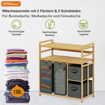 Bamboe wasmand 138 liter, met 2 waszakken en 2 opbergdozen, 4-voudige wassorteerder met dubbele plank, stabiele wasverzamelaar, laundry basket, donkergrijs