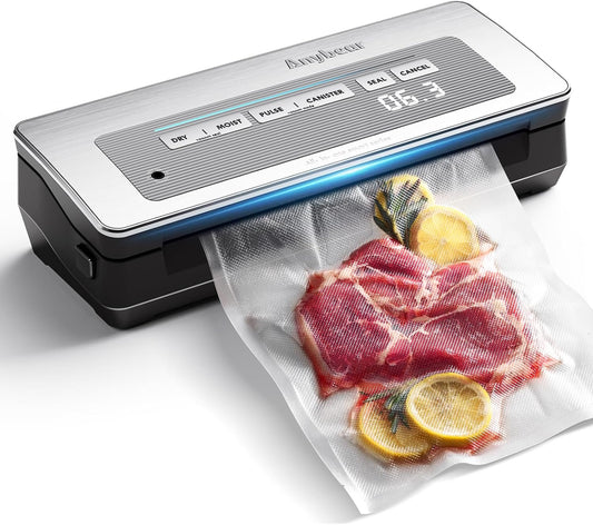 Vacuümmachine, 90 kPa 100 W, krachtige brede afdichting, voedselopslag, ingebouwde snijder, zakopslag, digitaal countdown-display, 2 rollen zakken (zilver)