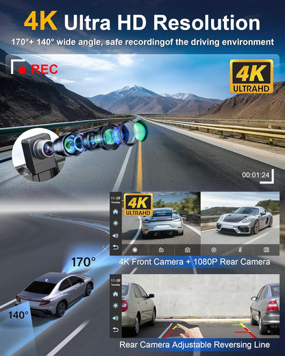 27,9 cm (11,26 inch) HD Touch Car Play Auto, 4K display, Carplay auto met 350° frontcamera, 64G SD-kaart, Carplay Android Auto Car Play Co.che voor GPS-navigatie, G-Senor Loop-opname