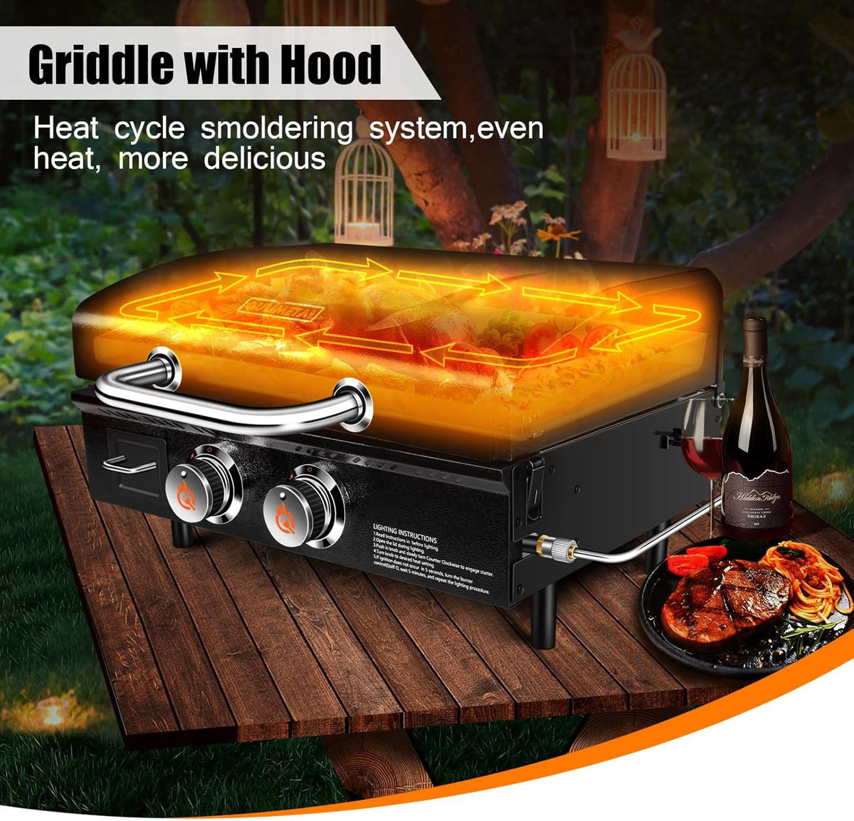 GFTIME Tafelgrill Griddle 2 branders met kap, plancha gasgrill met platte bovenkant, Griddle propaangrill met draagtas, 22 inch, 48.000 BTU, keramische grillplaat met antiaanbaklaag