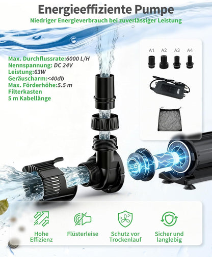POPOSOAP Vijverwaterval met 63 W DC-pomp (6000 l/h), 3 m golfslang, filtermedia, 60 cm overloop voor grote tuinvijverwaterspelletjes buiten