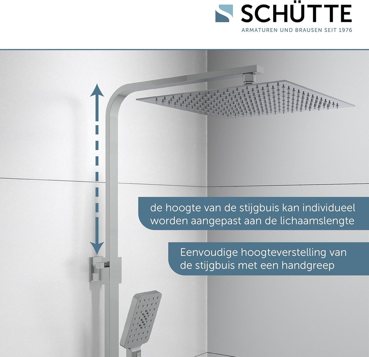 SCHÜTTE Ocean 60531 Douchesysteem met thermostaat en glazen legplank, doucheset met 30 x 30 cm, regendouche met wandhouder en douchekop, chroom/antraciet