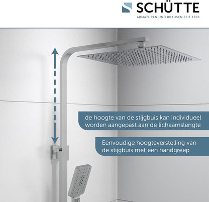 SCHÜTTE Ocean 60531 Douchesysteem met thermostaat en glazen legplank, doucheset met 30 x 30 cm, regendouche met wandhouder en douchekop, chroom/antraciet