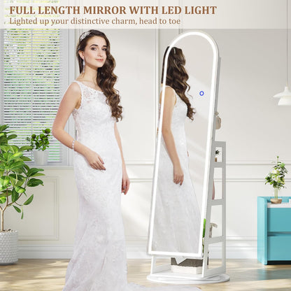 Multifunctionele Staande Sieradenkast – Juwelenkast – Opbergkast – Spiegelkast – Armoire – 360° Draaibaar – Verstelbare LED Verlichting – Afsluitbaar Met Sleutels – MDF En Veilig Glas – 165x56 cm – LED-Wit