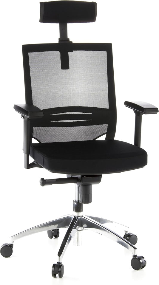 hjh OFFICE Porto Max 657240 Professionele bureaustoel, stof/net, zwart, ergonomisch, hoofd- en lendensteun verstelbaar