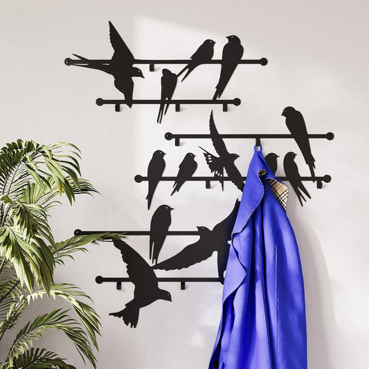 Entree kapstok 3 stuks metalen 2 mm wandontwerp gemonteerde vogels 68 x 106 cm - zwaar belastbare haken voor hal voor kinderen en volwassenen, decoratieve Art Deco ijzeren kledinghouder, slanke