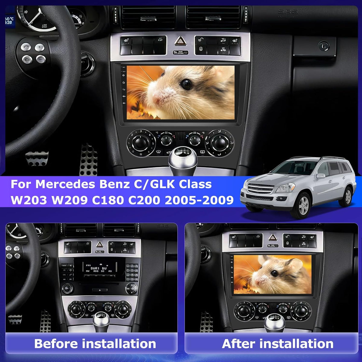 Android 4G+64G Car Stereo for Mercedes Benz C/GLK Class W203 W209 C180 C200 2005-2009, 9 inch Touchscreen Car Radio with Wireless Carplay & Android Auto/Bluetooth 5.0/WiFi/GPS/32EQ