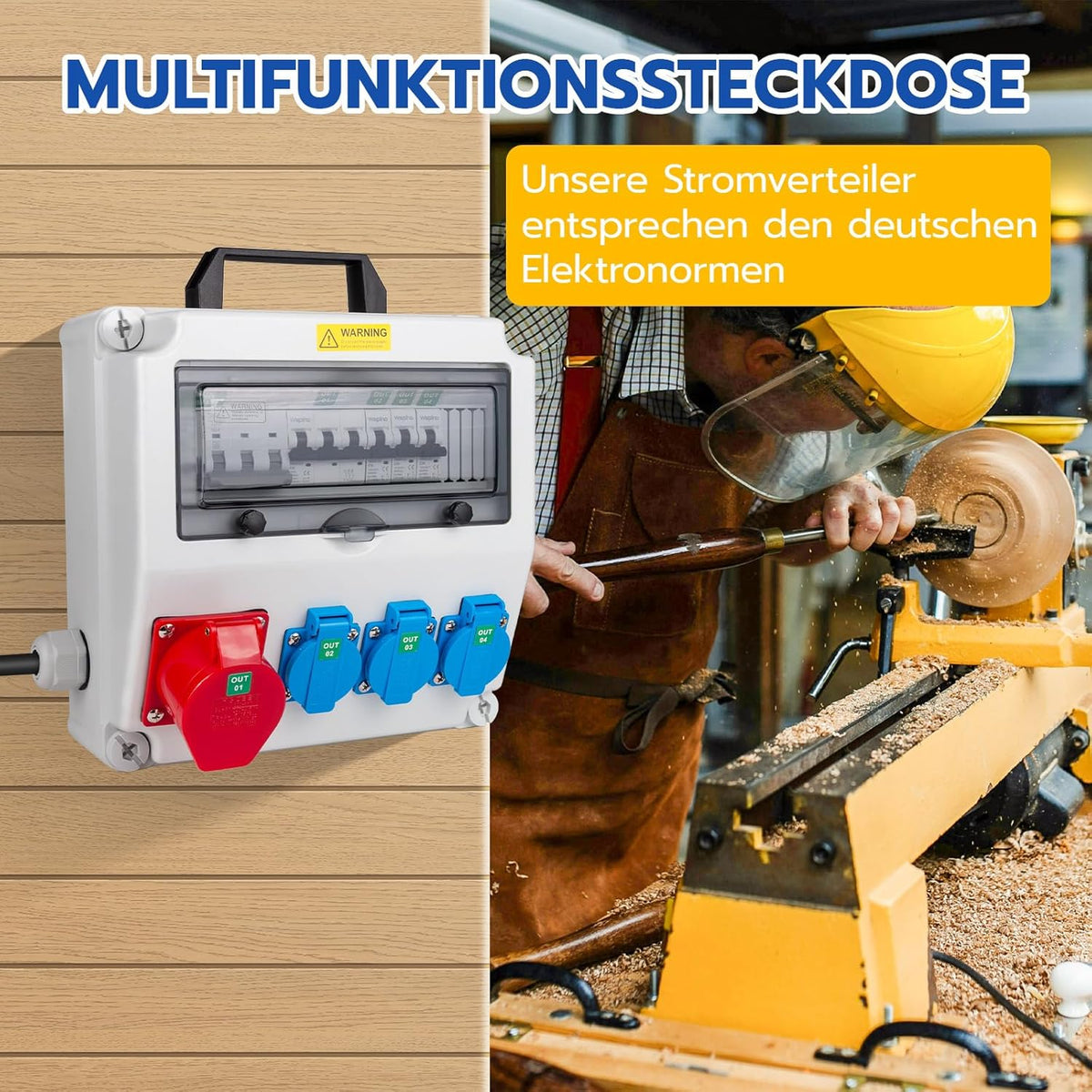 Bouwstroomverdeler met wifi-schakelaar type A, 40 A, 30 mA RCBO wandverdeler met CEE-stopcontact, 16 A, waterdicht, met handgreep voor verdeelkast (3 x 16 A 1P LS+1 x 16 A, 3P LS+ FI/LS met