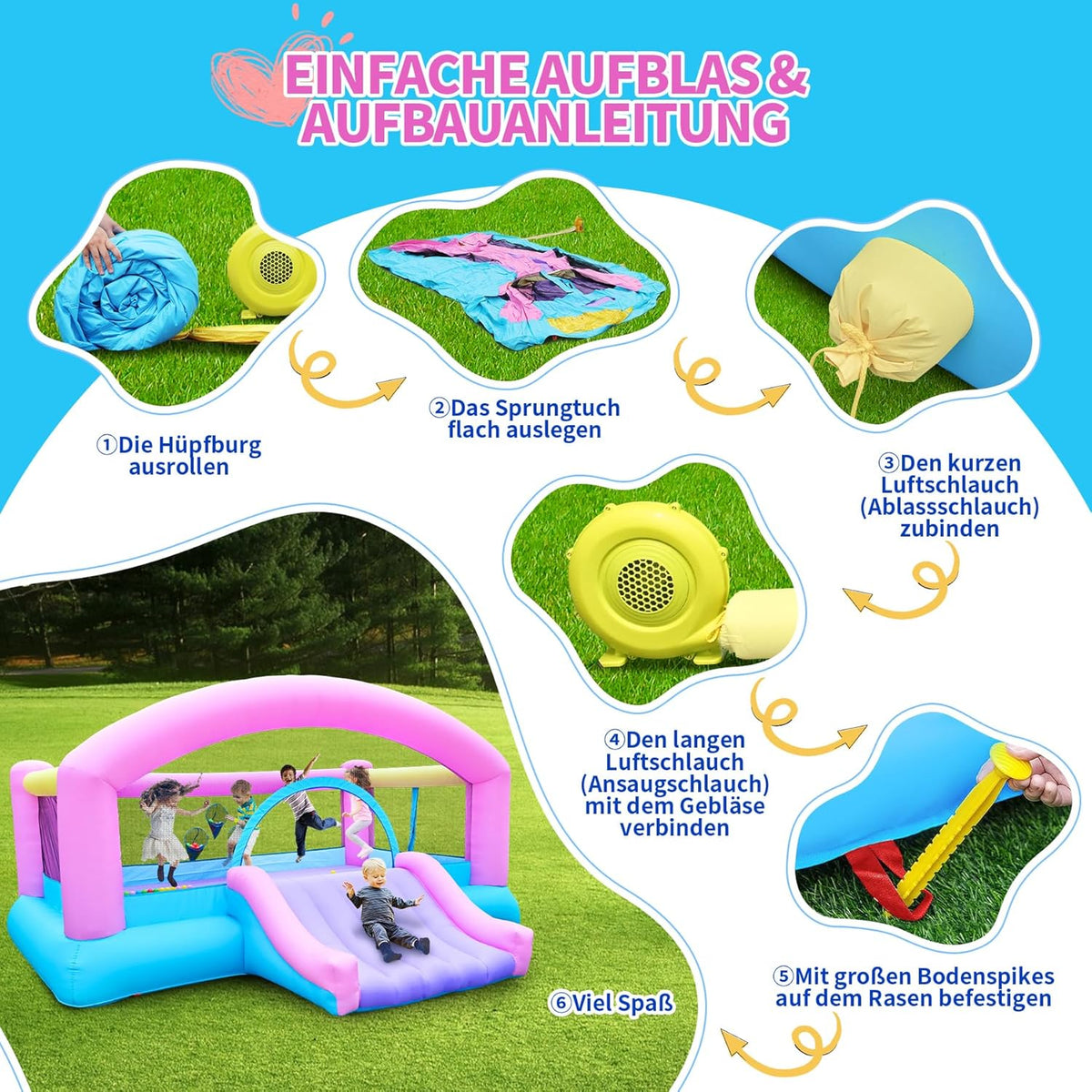 Springkasteel voor kinderen, met glijbaan en klimwand, inclusief springkasteel, binnen en buiten, springmatras voor kinderen, 3-10 jaar, 274 x 310 x 218 cm, outdoor springkastelen (groot)