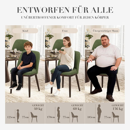 COLAMY Gevoerde eetkamerstoelen, set van 2, moderne keukenstoelen met rugleuning, stoffen stoel met houten poten voor eetkamer, keuken, restaurant, groen