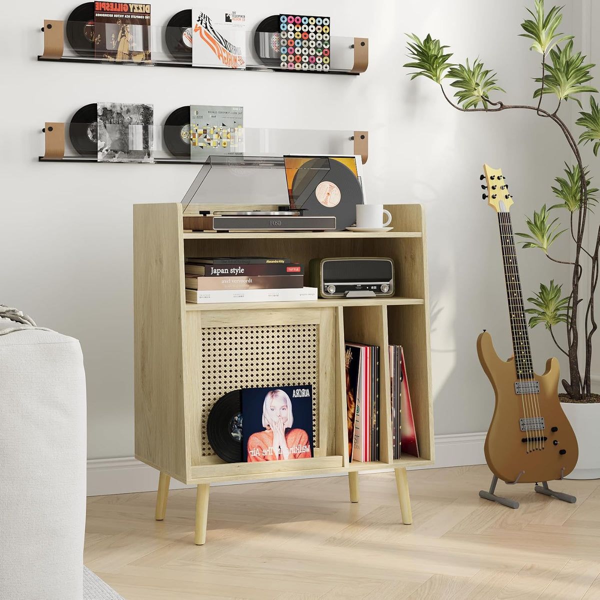 Draaitafel Tafel Groot – Platenspeler Meubel – Platenkast – Vinyl Opbergkast – Platenrek – Rotan Kastdeuren Met Verborgen Vinyl Opbergruimte – Massief Houten Poten