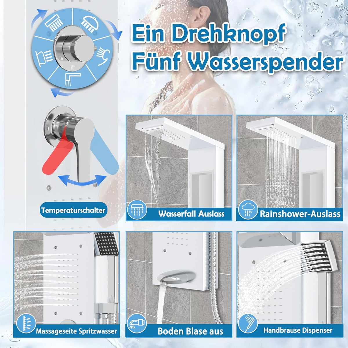 Douchepaneel – Douchesysteem – Douche Set – Douchekolom – Regendouche – Roestvrij Staal 304 – 4 Straalsoorten & Anti-Kalk Nozzles – Wit