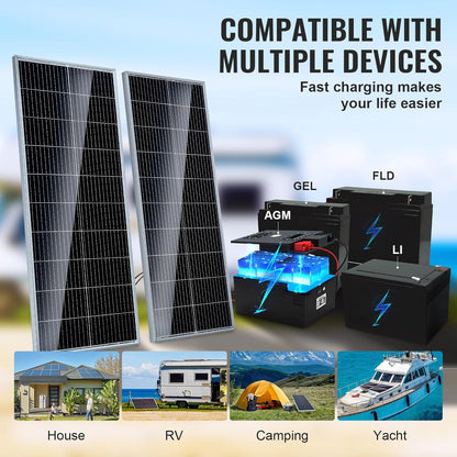 VEVOR 200 W solar panel, set of 2 12 V monocrystalline solar panel plus charge controller, 16.66 A solar installation, conversion rate of 23%, compatible with AGM, gel, FLD, LI batteries, ideal