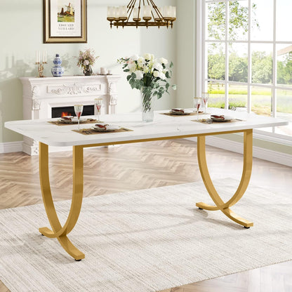 Tribesigns Rectangular Dining Table for 4 to 6, 160cm White and Gold Modern Kitchen Table with Faux Marble Tabletop and Metal Legs for Dining Room, Kitchen or Living Room
