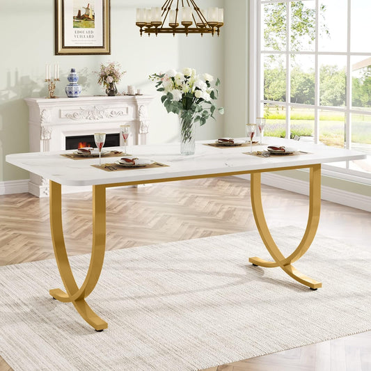 Tribesigns Rectangular Dining Table for 4 to 6, 160cm White and Gold Modern Kitchen Table with Faux Marble Tabletop and Metal Legs for Dining Room, Kitchen or Living Room