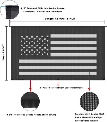 Tentproinc RV luifel zonnescherm 7' X 12' 3'' (Amerikaanse vlag) zwart gaas zonnescherm camper trailer luifel schaduwscherm UV-blokker voltooide kits