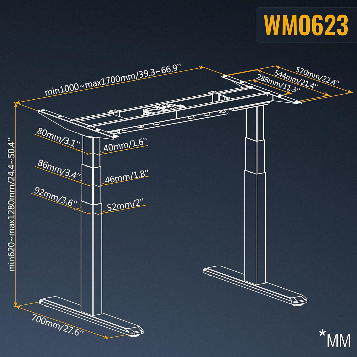 RICOO Height Adjustable Desk Electric WM0623-B Desk Table Frame with 2 Motors Without Tabletop Computer Table Office Work Table Frame Black - QUORE