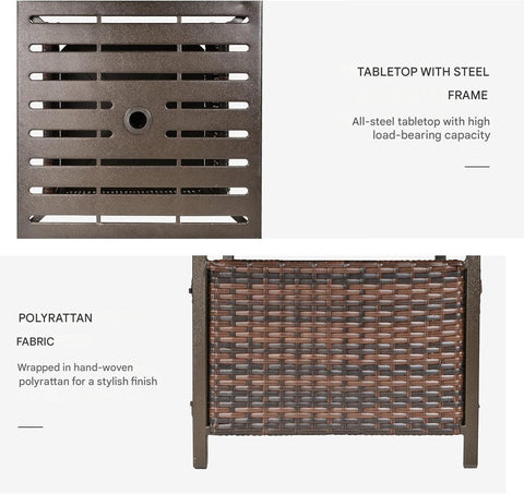 Tuintafel - Tuintafel Rechthoekig - Bijzettafeltje - Rattan Bijzettafel - Bistrotafel - Salontafel - met Parasolgat - Metalen Frame - voor Terras - Tuin - 55.5 x 55.5 x 46 cm - Bruin